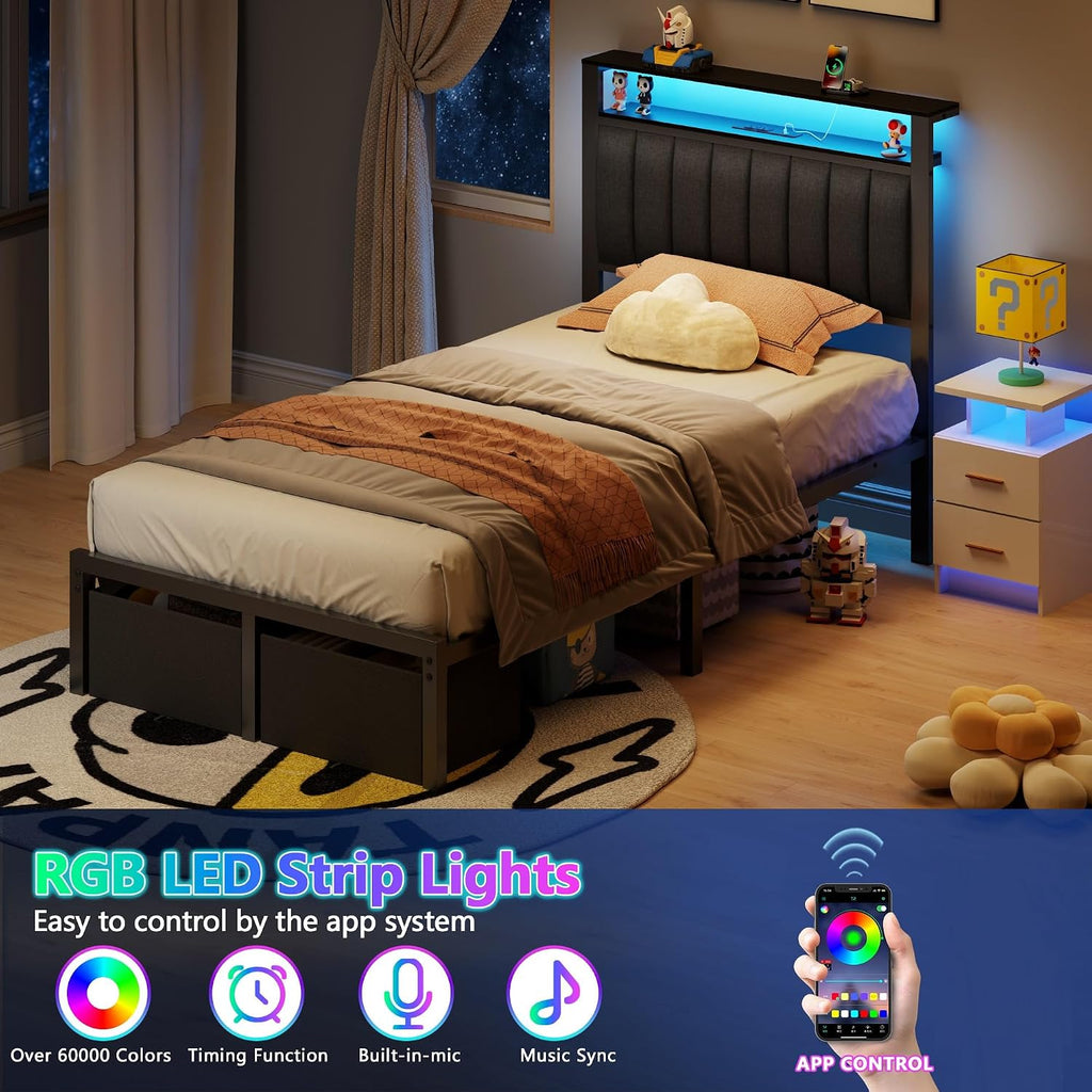 Furnulem Twin Bed Frames with Storage Drawers and Upholstered Headboard