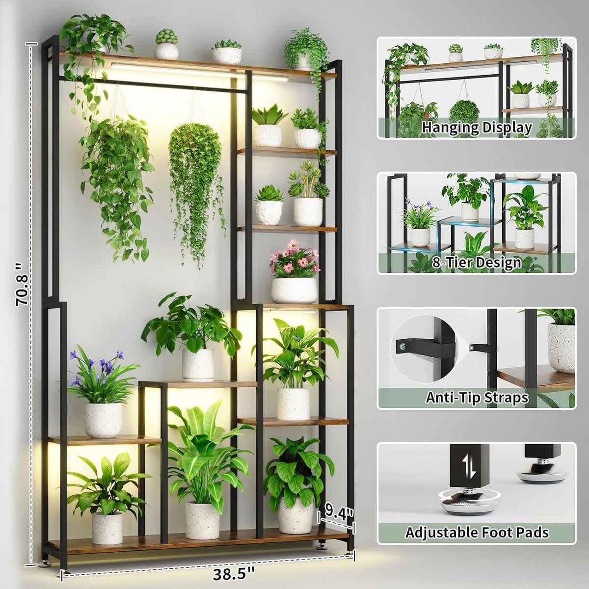 71 Inch Tall Plant Stand: 8-Tier Heavy-Duty Metal Shelf with Grow Light - Modern Walnut & Black Display Rack for Indoor Plants - Living Room Balcony & Patio Decor