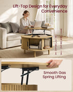VASAGLE Round Coffee Table, Lift Top Coffee Table with Tambour Sliding Door