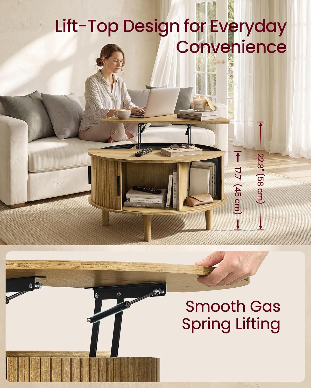 VASAGLE Round Coffee Table, Lift Top Coffee Table with Tambour Sliding Door