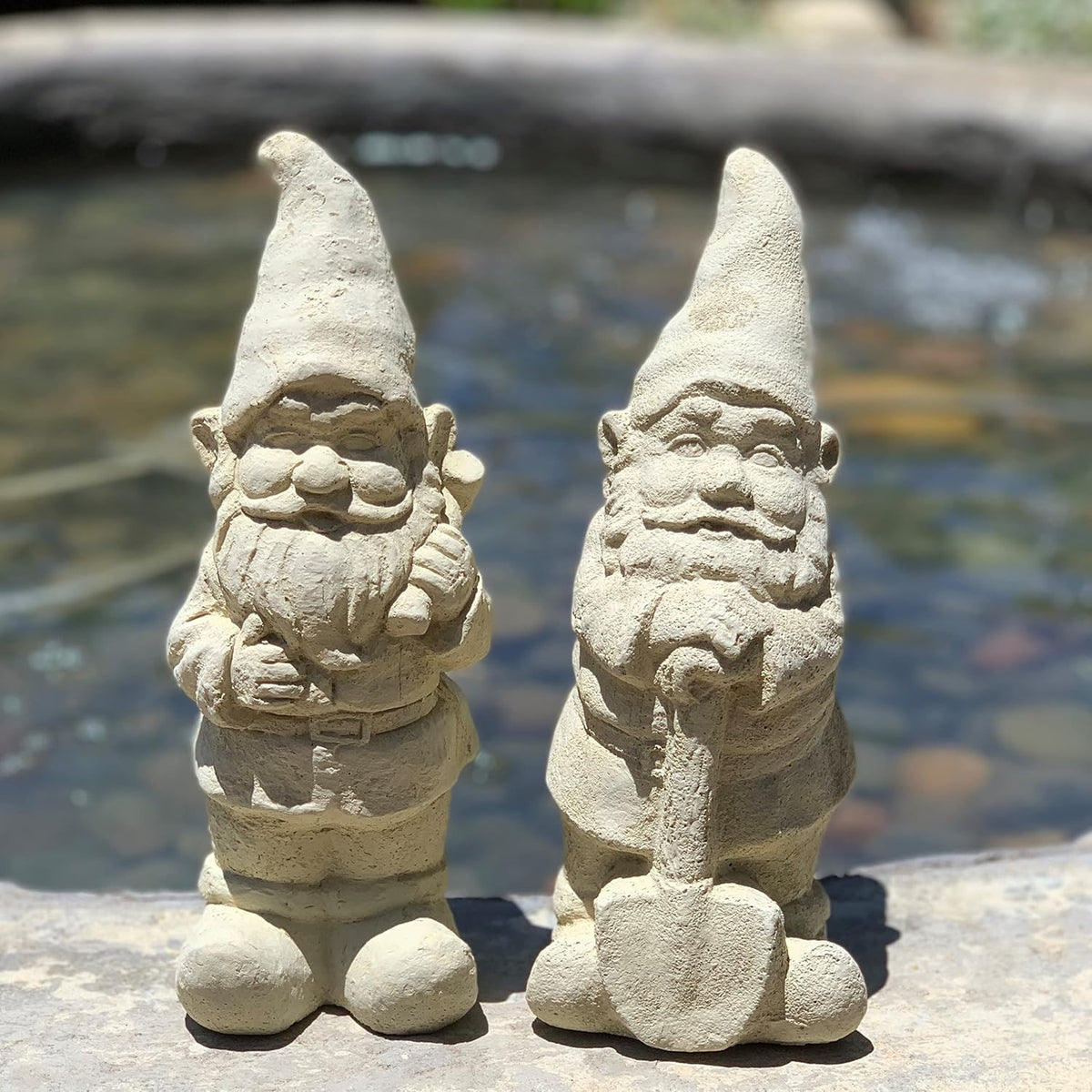 Vintage Garden Gnomes (Set/5): Durable Solid Stone Statues with Aged Texture. Sealed for Outdoor Use. Handcrafted USA. (Classic/Whitish)