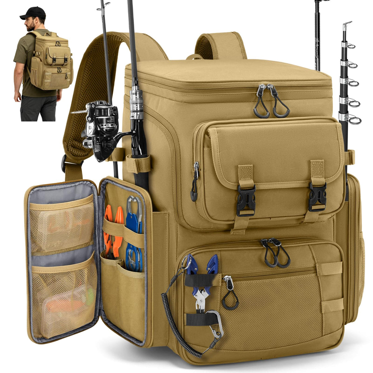 RAINSMORE Fishing Backpack, 45L Large Water-resistant Fishing Tackle Bag