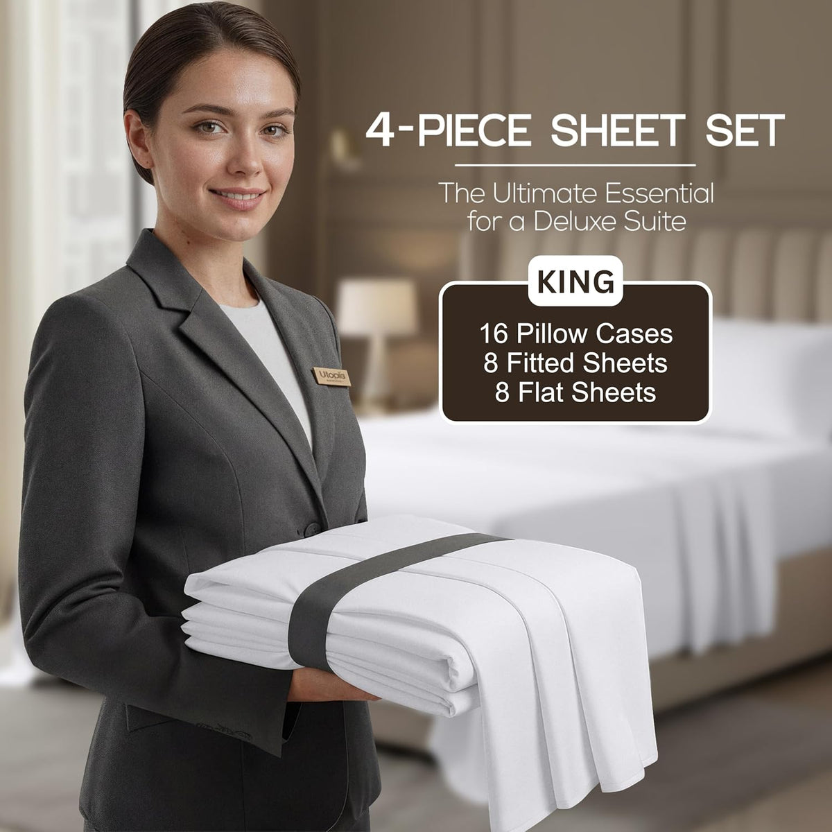 Bulk 8-Pack King Sheet Set, 4pc Set For Hotel, Resort & Motel, White