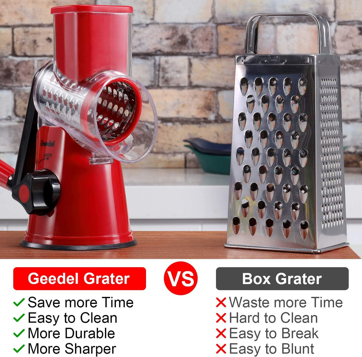 Geedel Rotary Cheese Grater, Kitchen Mandoline Vegetable Slicer with 3 Interchangeable Blades, Easy to Clean Rotary Grater Slicer for Fruit, Vegetables