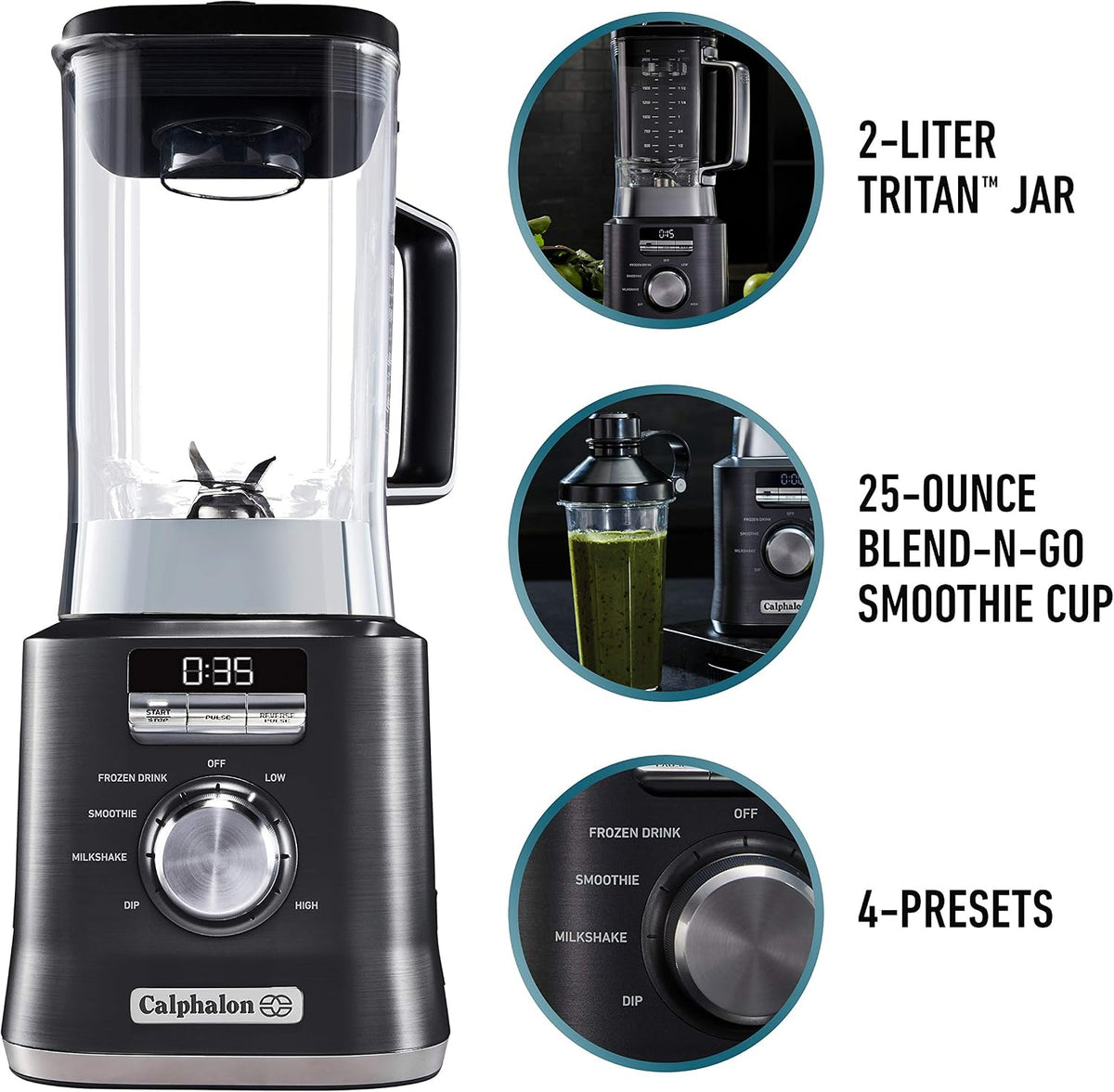 Calphalon Auto-Speed 68 Oz Blender with Blend-N-Go Smoothie Cup and BPA-free Tritan Jar | 1100-Watt Base, Dark Stainless Steel