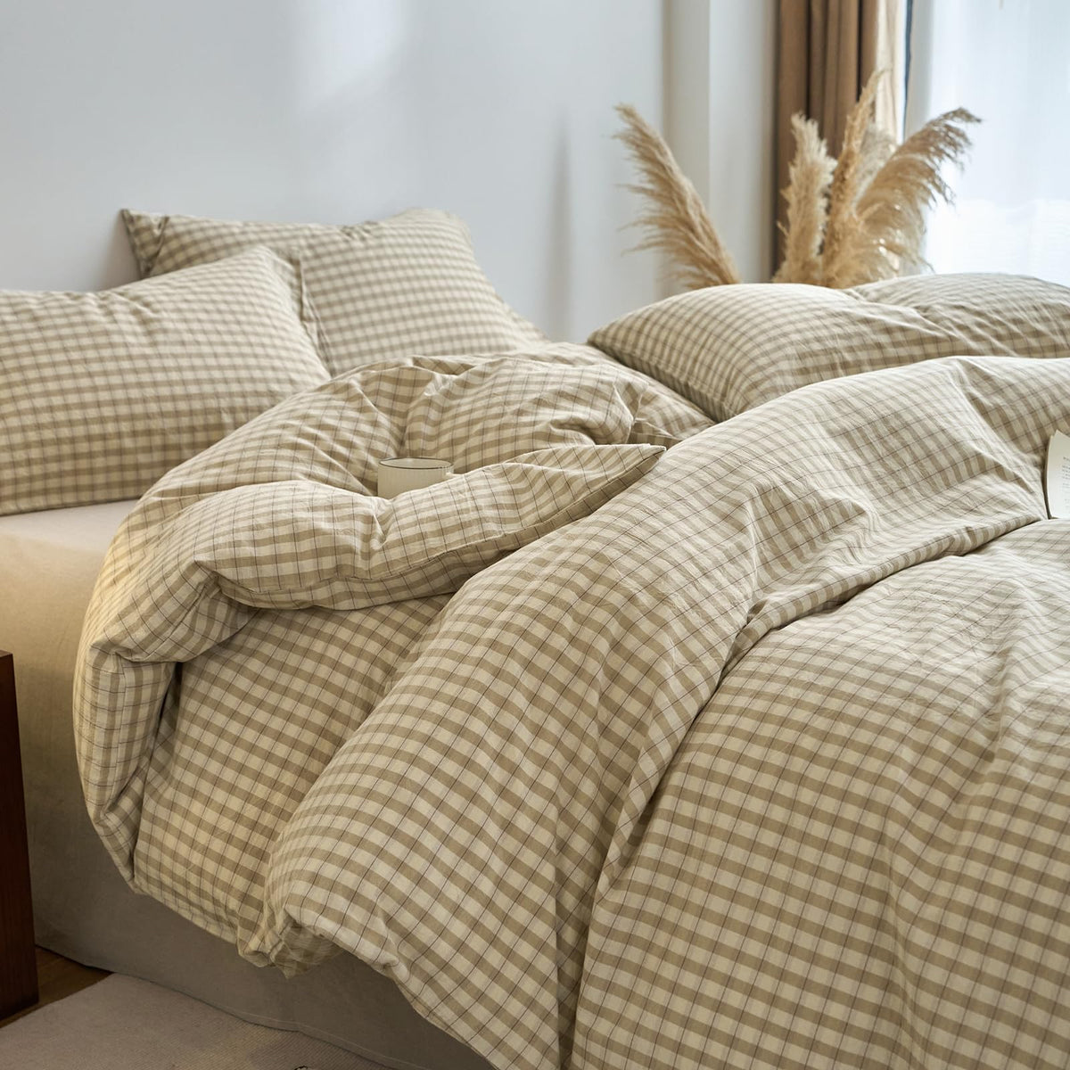Plaid Duvet Cover Set Washed Cotton,Queen(90"x90"),Multicolor Gingham