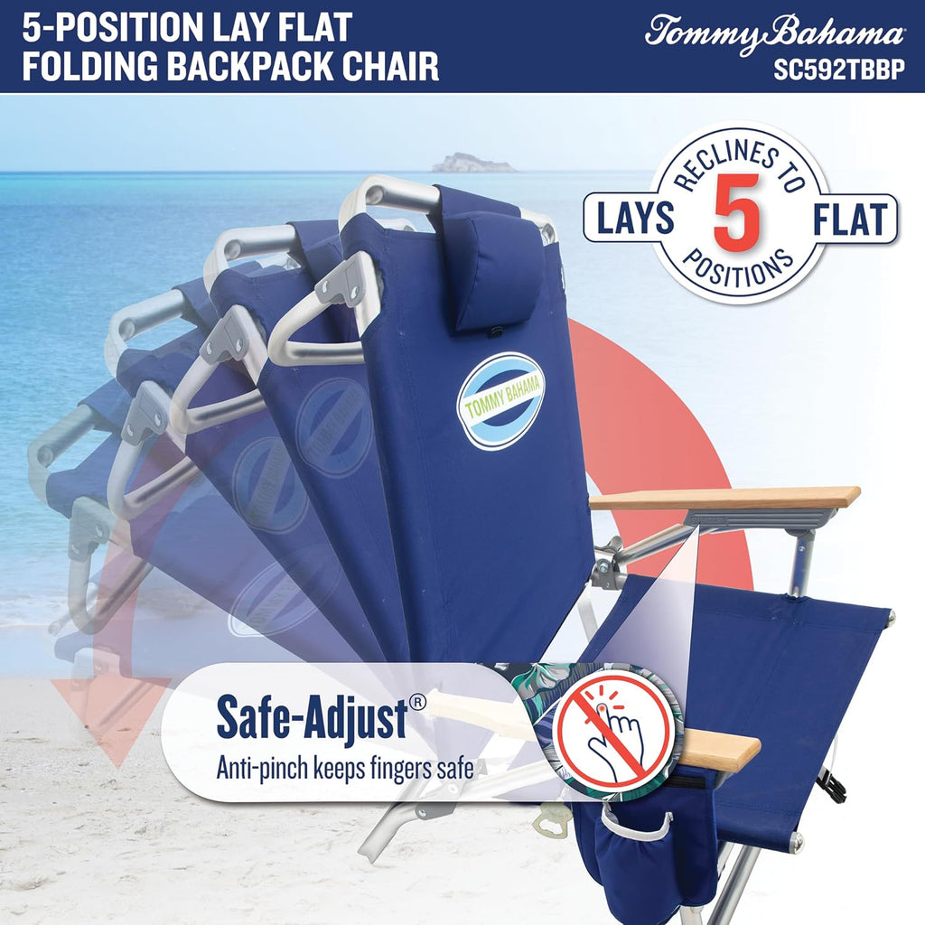 Tommy Bahama 5-Position Classic Lay Flat Folding Backpack Beach Chair, Polyester, Navy