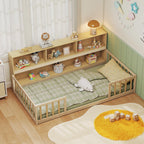 GIANTEX Twin Floor Bed with Fence for Kids, Wooden Montessori Bed Frame with Lockable Door & Guardrails, Low Floor Beds for Kids, Boys, Girls, No Box Spring Needed, Without Wood Slats, White