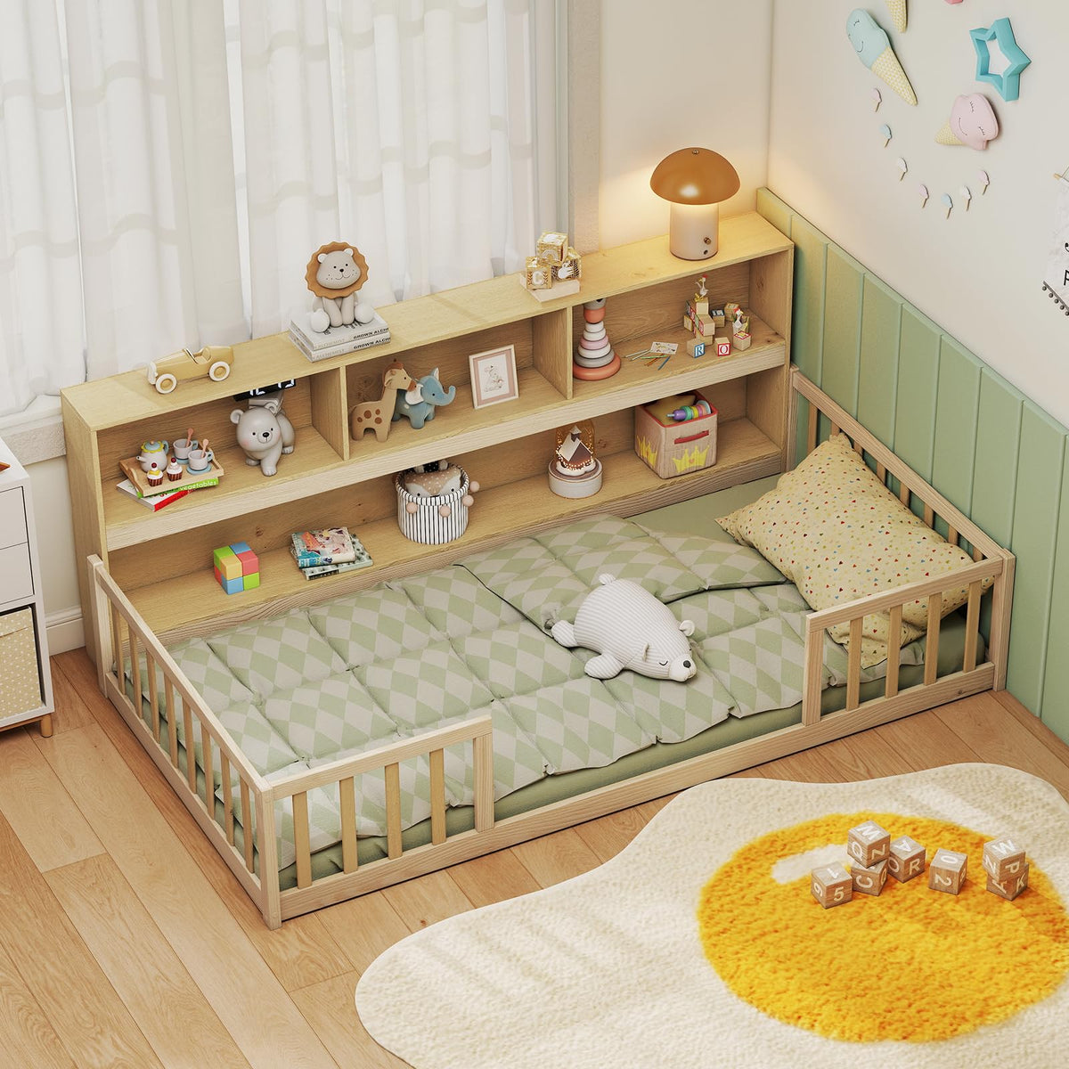 GIANTEX Full Size Floor Bed for Kids, Low Montessori Bed with Wood Slats & Safety Guardrails, Solid Wood Full Floor Beds with Fence and Door for Kids Boys Girls, White