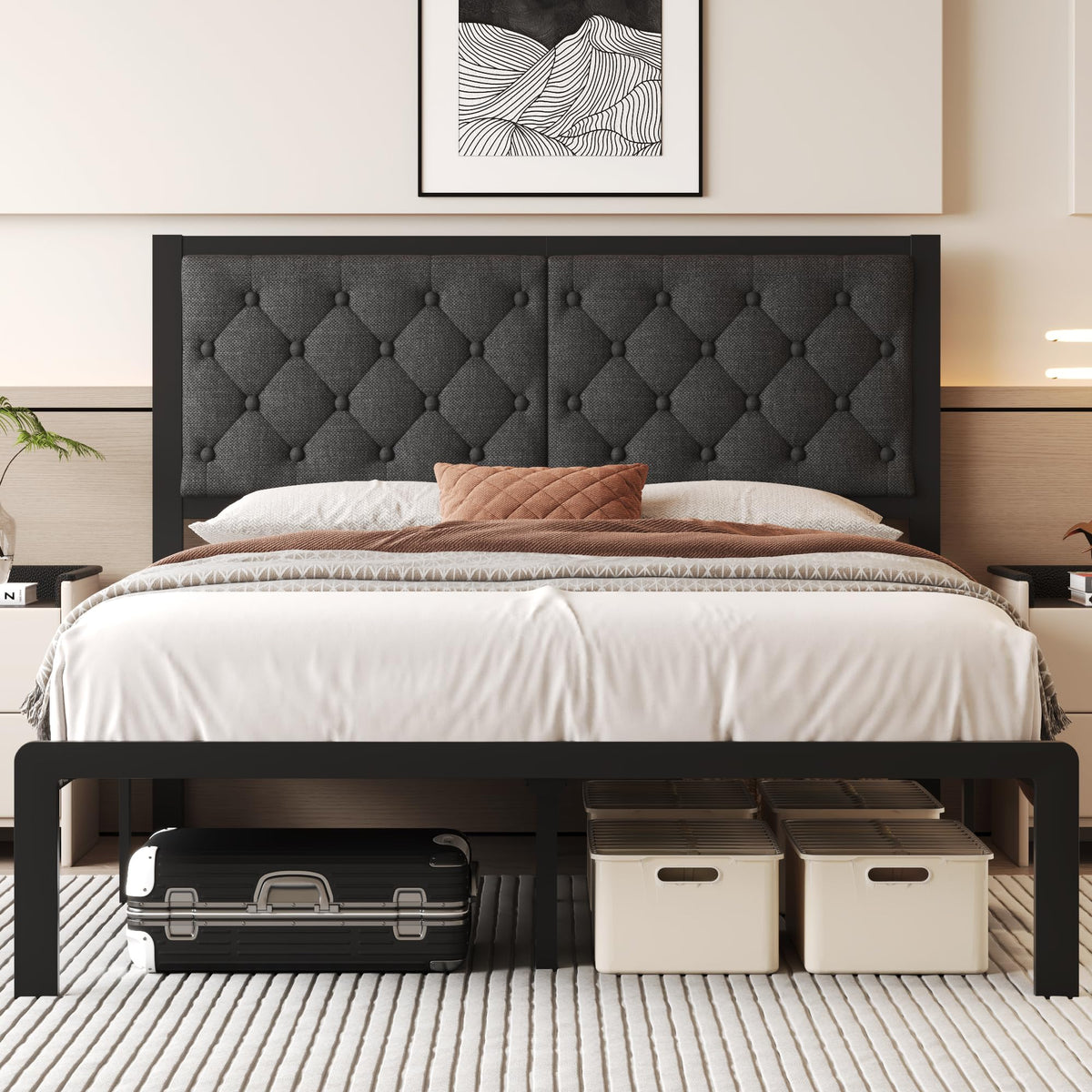 Fluest Queen Bed Frame with Headboard PU Leather Upholstered Bed Frame Platform,All Metal Slats Support Platform Bed Frame with Storage Space,Easy Assembly,Noise Free,No Box Spring Needed,Black