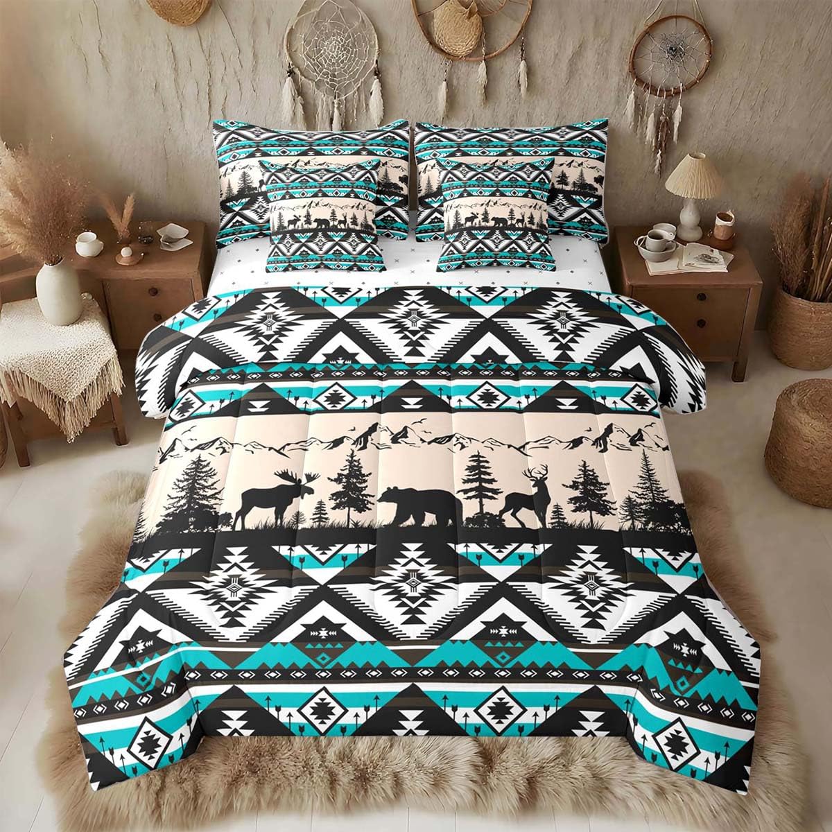Feelyou Deer Comforter Set with Sheets King Size 7 piece Kids Rustic Deer Hunting Bedding Set Cabin Lodge Deer Bed in a Bag Farmhouse Nature Wildlife Antlers Brown Bed Set