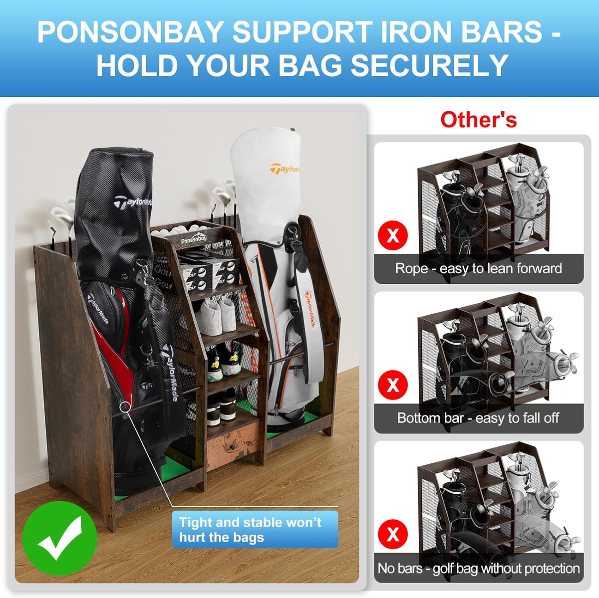 Golf Bag Storage Organizer Holds 2 Golf Bags for Garage - Wooden Rack
