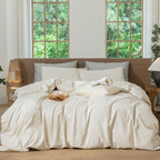 MooMee Striped Duvet Cover Set 100% Washed Cotton Linen Like Queen