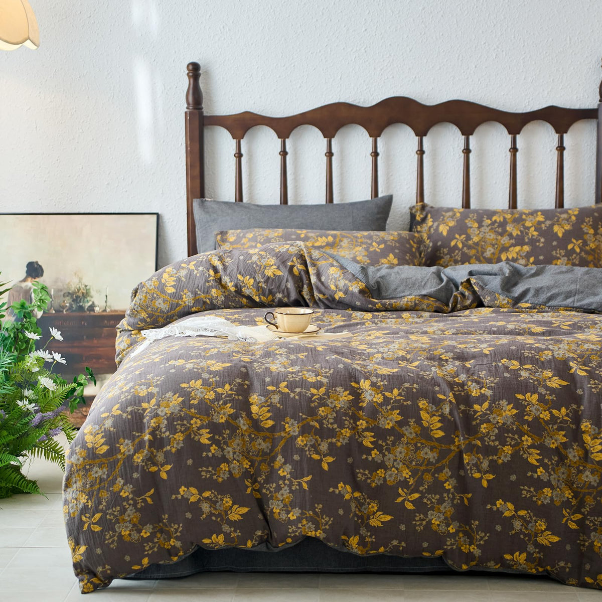 mixinni Garden Style Cotton Flowers and Birds Pattern Printed Duvet Cover Reversible Design Peacock Blue 3 Piece Bedding Duvet Set with Zipper Closure, Perfect for Him and Her-Queen Size