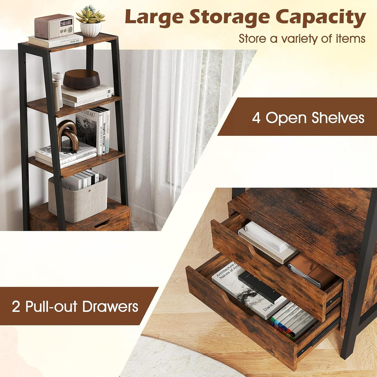 GIANTEX 4-Tier Bookshelf with 2 Drawers Set of 2, Modern Ladder Bookshelf w/Storage, Sturdy Metal Frame, Anti-toppling Devices, Display Standing Shelf Unit, Freestanding Bookcase, Rustic Brown