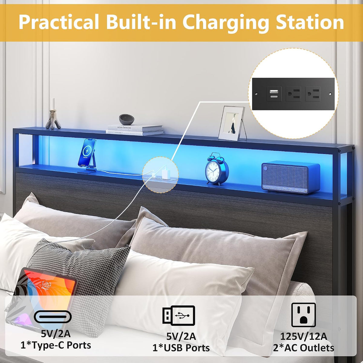 Lifezone Queen Bed Frame with 2-Tier Storage Headboard, Metal Platform Bed Frame with 4 Storage Drawers, Built in Charging Station & LED, Noise-Free/Metal Support/No Box Spring Needed, Rustic Grey