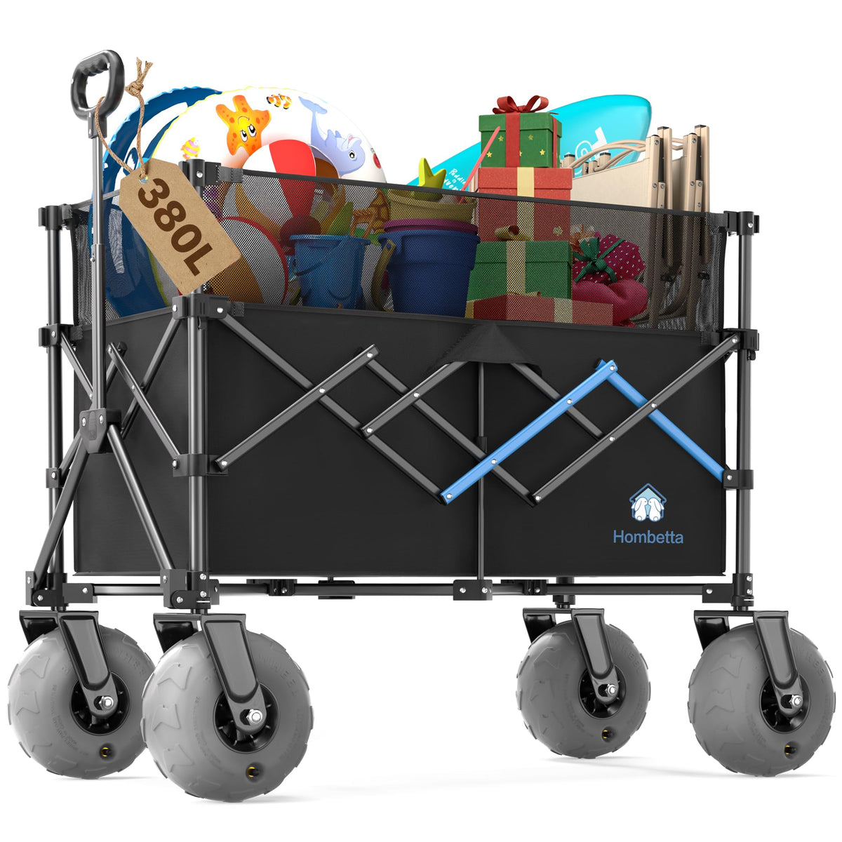 52" Heavy Duty Double Decker Wagon, 650L Collapsible Folding Wagon Cart with Brakes, 560 lbs Load, All-Terrain Big Wheels for Camping, Fishing, Sports and Transport, Black