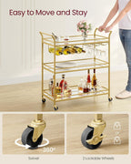VASAGLE Bar Cart Gold, Large Home Bar Serving Cart with 3-Tier