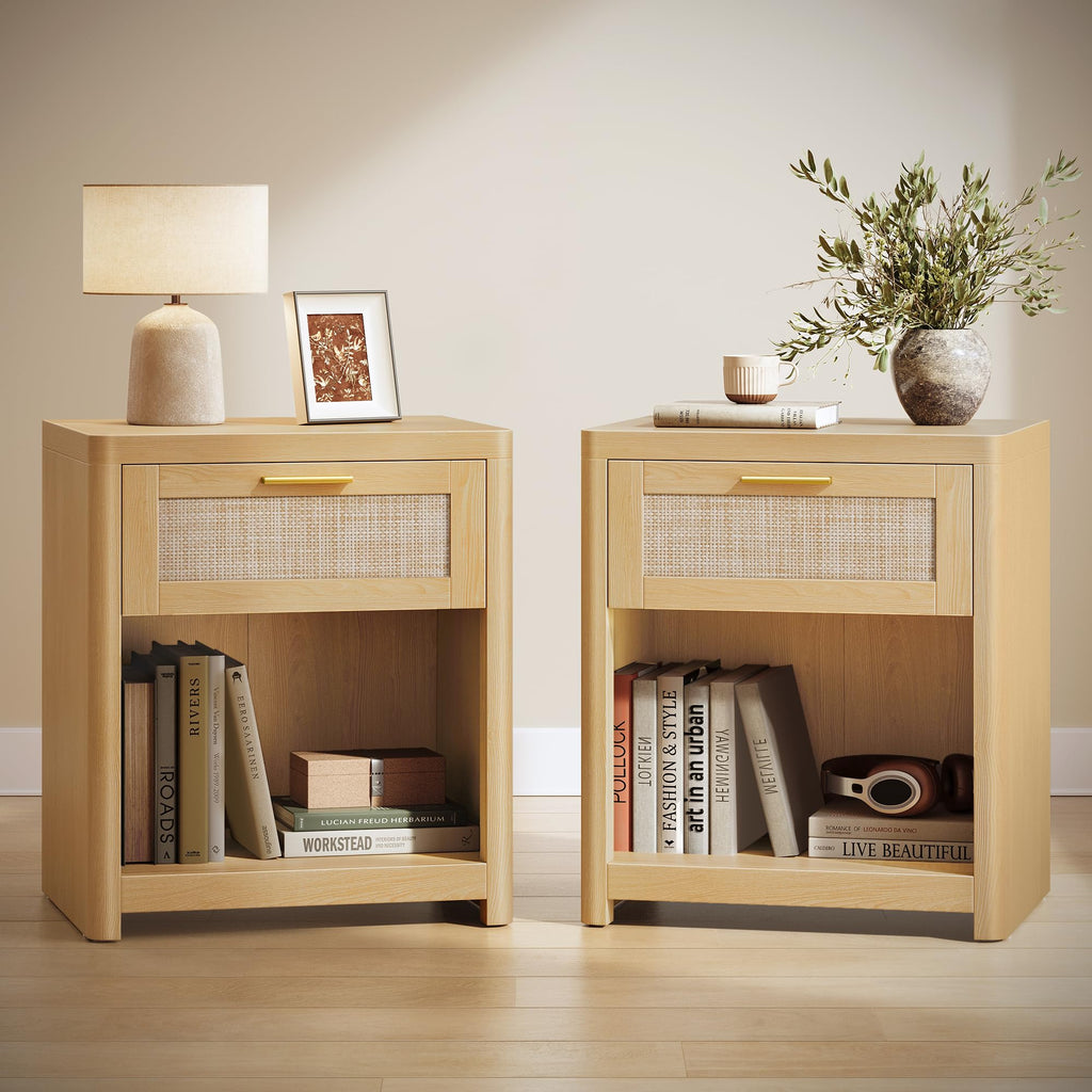 VASAGLE Set of 2 Boho Nightstands with Rattan-Look Drawer