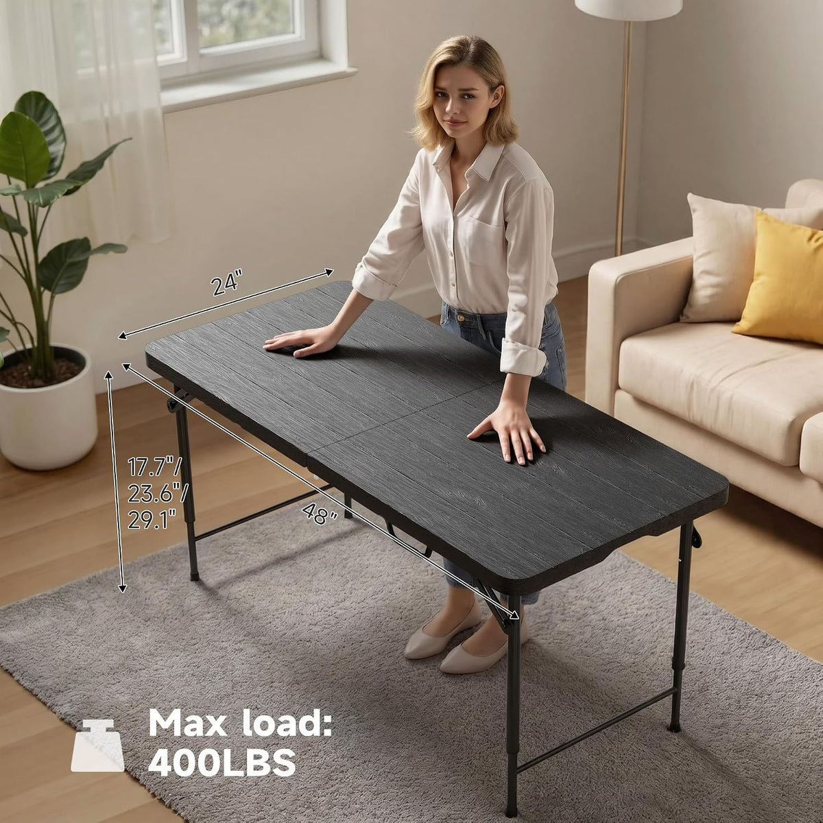 4 FT Folding Table, 3-Position Adjustable Height, Heavy Duty 400 lbs Capacity, Portable Table for Camping, Party, Indoor & Outdoor (Black Wood Grain, 2 Pack)