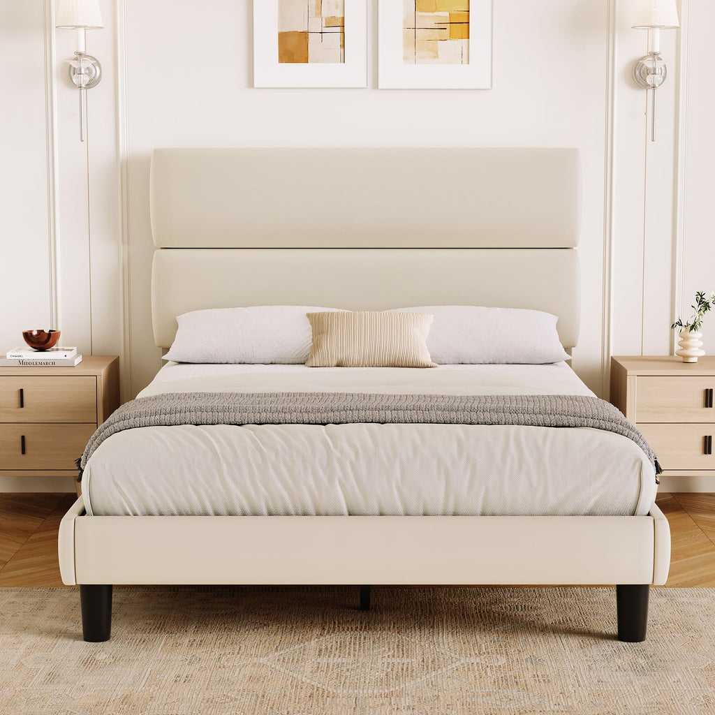 GRUSIGN King Size Platform Bed Frame with Velvet Headboard, Adjustable Height Wooden Slats Support, Upholstered Mattress Foundation, Fits Mattress or Mattress with Box Spring, Easy Assembly, Beige