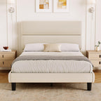 GRUSIGN King Size Platform Bed Frame with Velvet Headboard, Adjustable Height Wooden Slats Support, Upholstered Mattress Foundation, Fits Mattress or Mattress with Box Spring, Easy Assembly, Beige