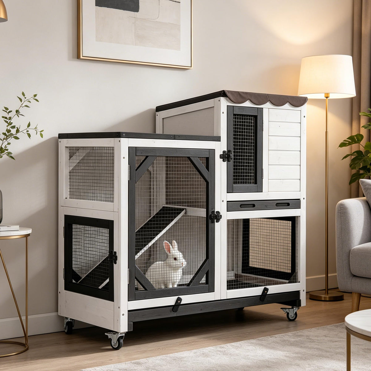 GUTINNEEN Wooden Duplex Rabbit Cage on Wheels with Chew-Proof Ramp, Grey