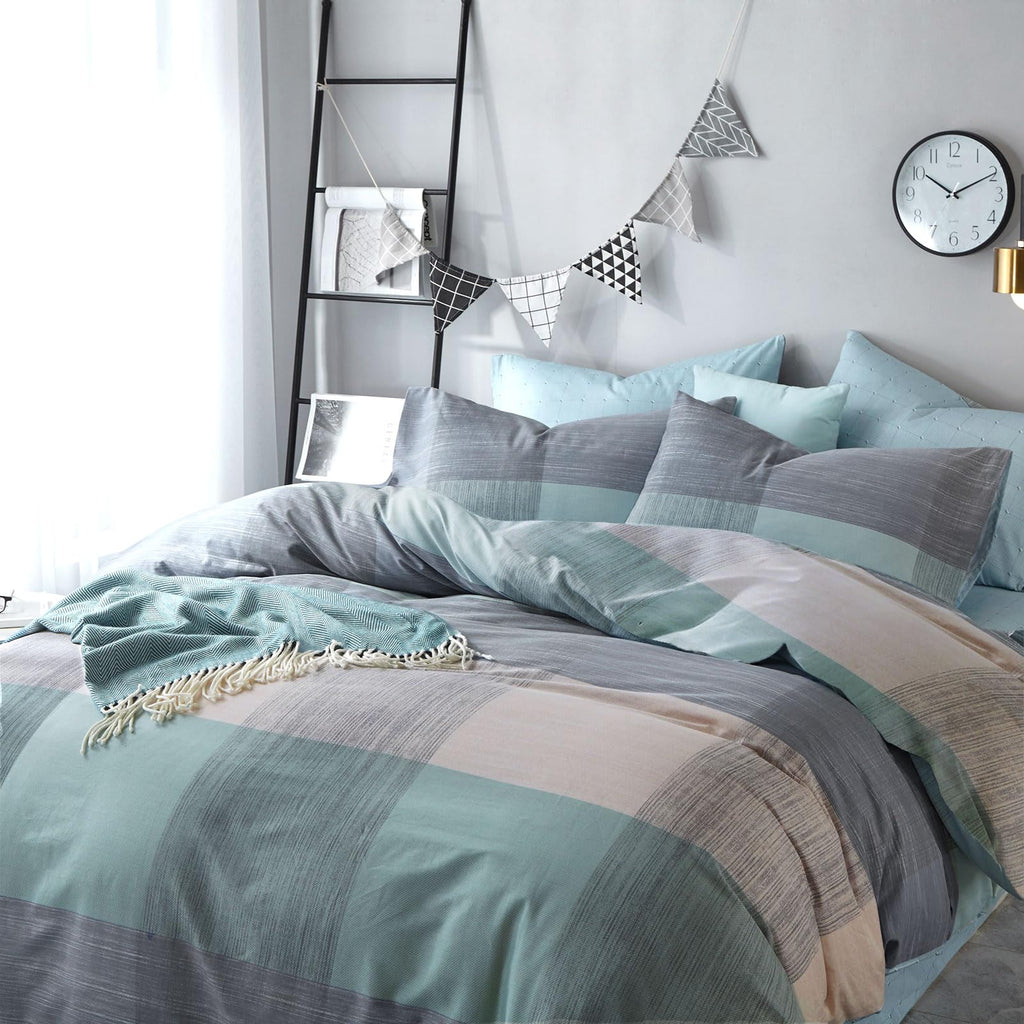 Plaid Duvet Cover Set Washed Cotton,Queen(90"x90"),Multicolor Gingham
