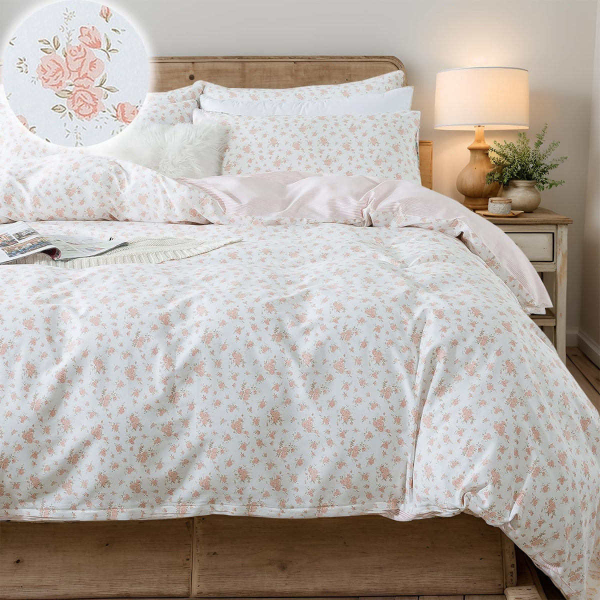 FADFAY Floral Duvet Cover Set 100% Cotton Green Striped and Beige Bedding White Flower Branches Print 600 TC Soft Reversible Zipper Bed Cover & 2 Pillowcases,King/Cal King(106x92)