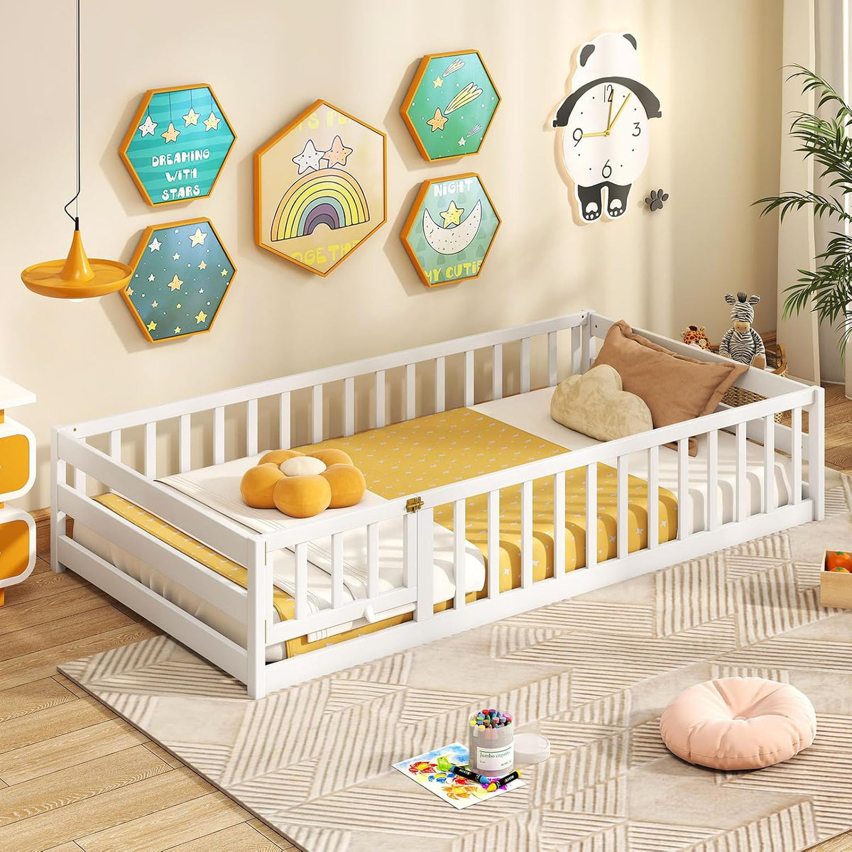 GIANTEX Twin Floor Bed with Fence for Kids, Wooden Montessori Bed Frame with Lockable Door & Guardrails, Low Floor Beds for Kids, Boys, Girls, No Box Spring Needed, Without Wood Slats, White