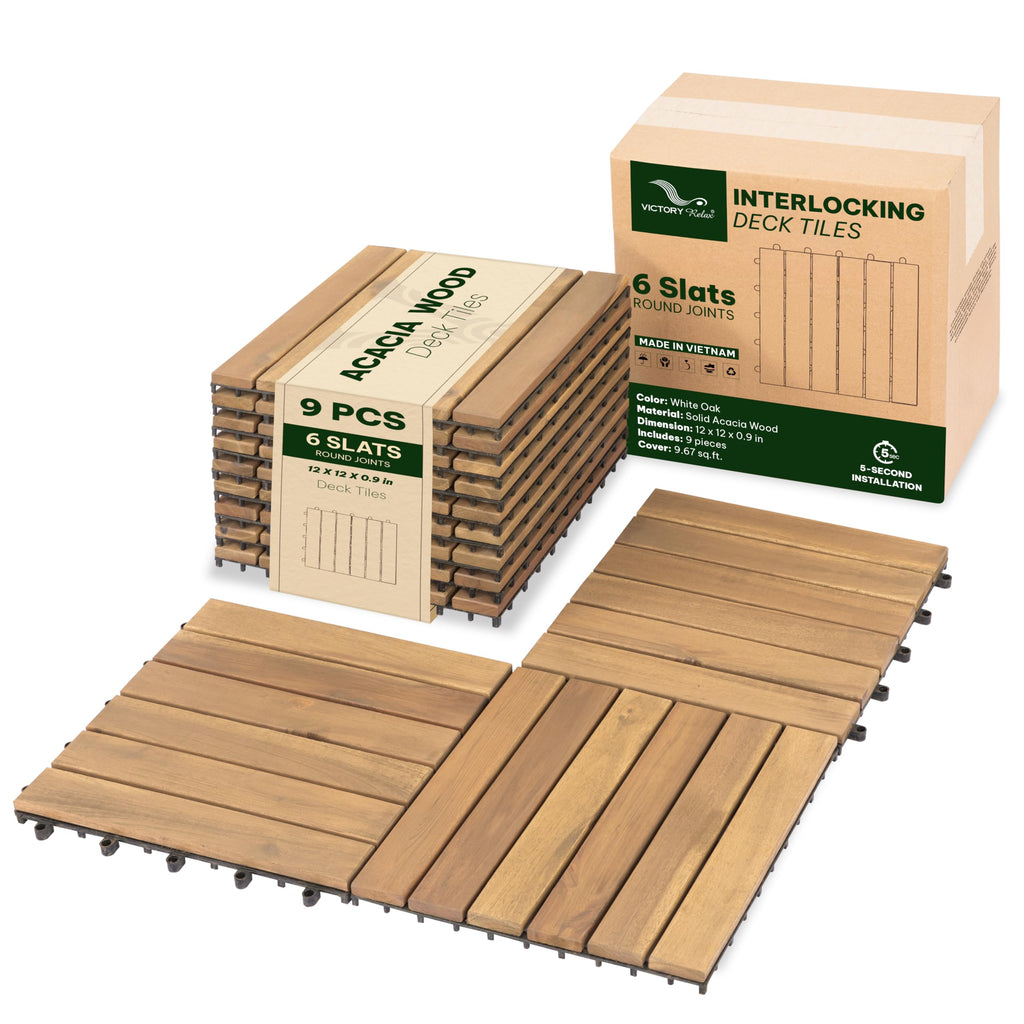 Acacia Interlocking Deck Tiles, 27 PCS Wood Flooring, 12 Slats, Walnut