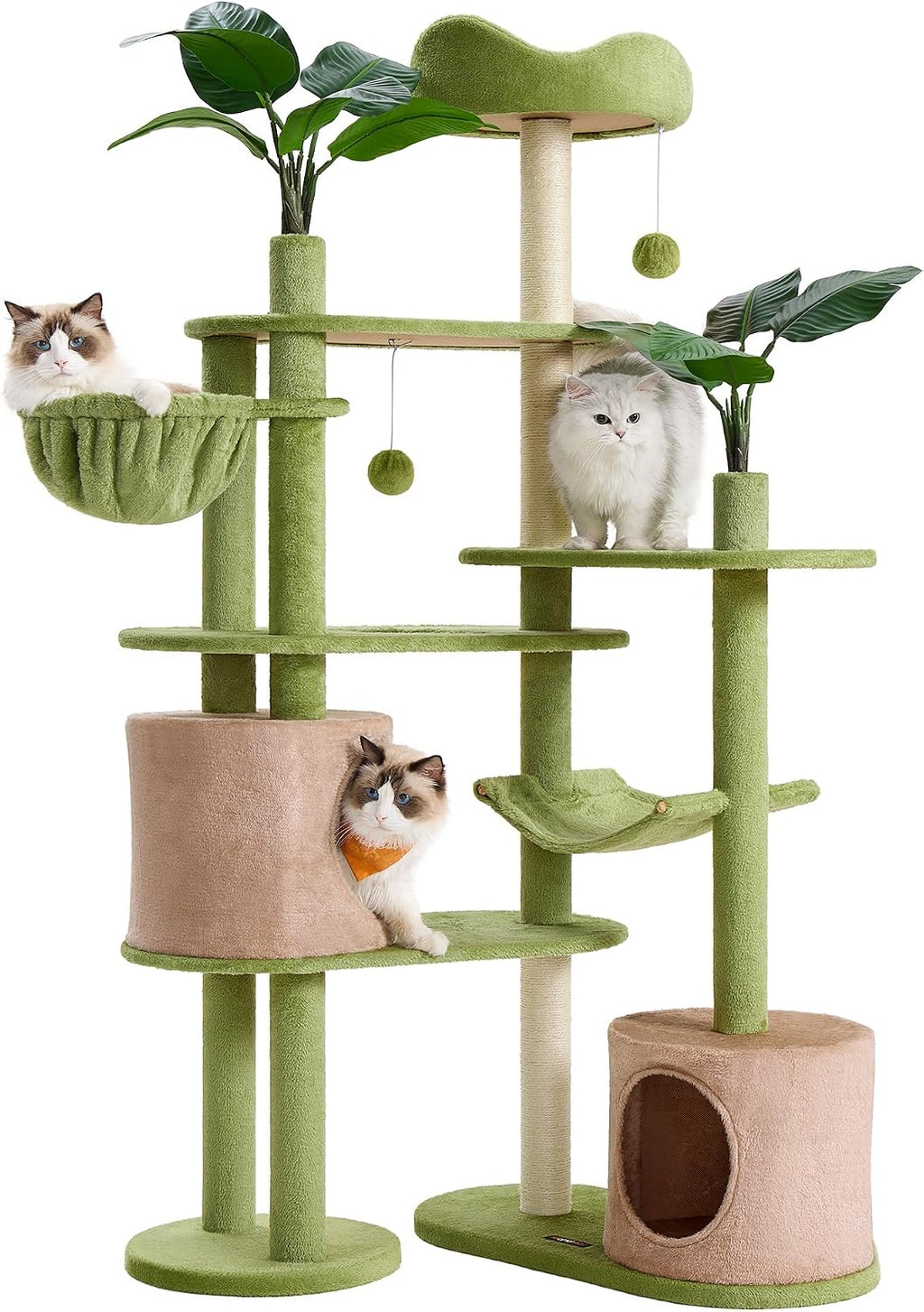 Feandrea Cat Tree, 68.1-Inch Multi-Level Plush Cat Tower, Artificial Leaves