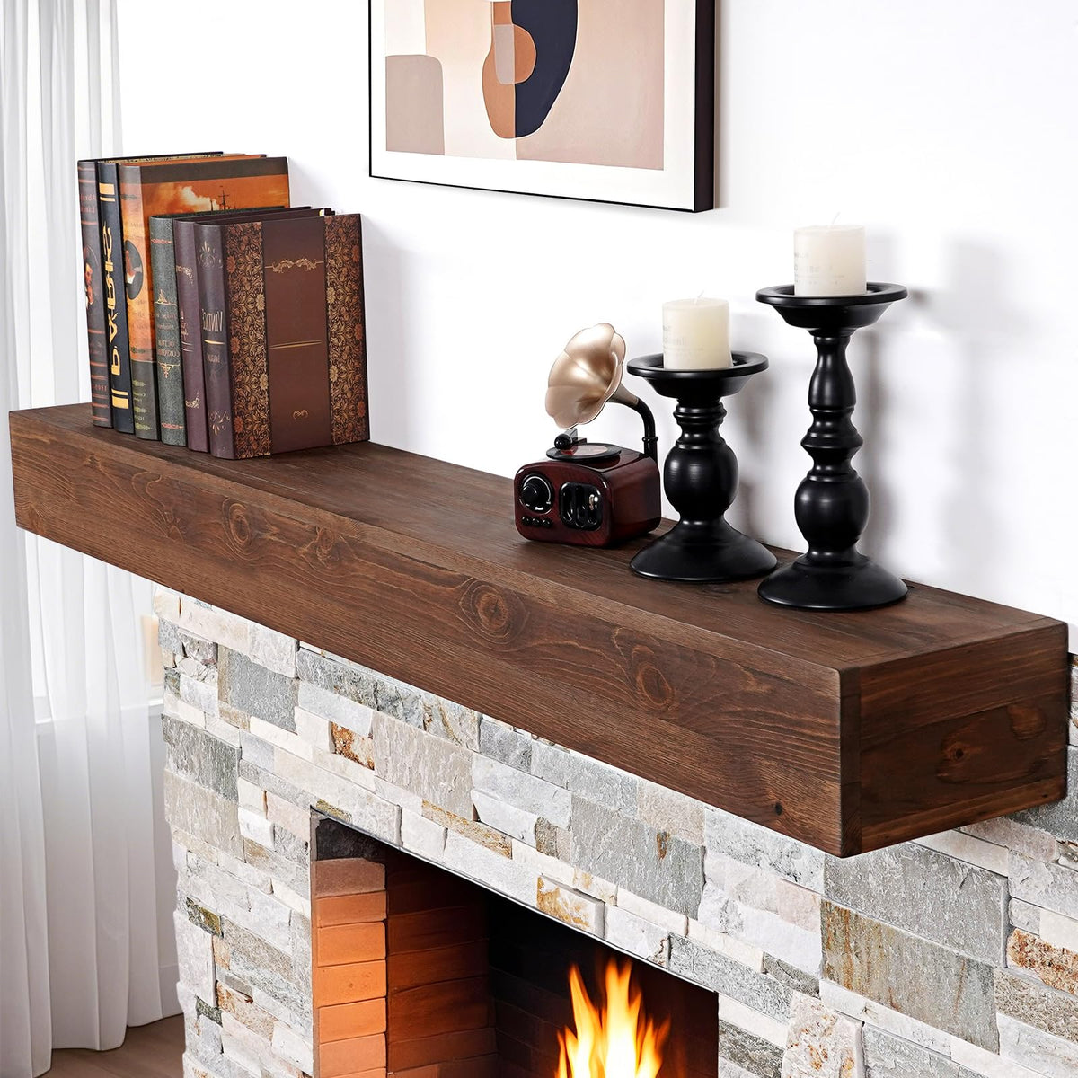 G GOOD GAIN 60'' Fireplace Mantel, 5'' Pine Wood Floating Shelf, DarkWalnut