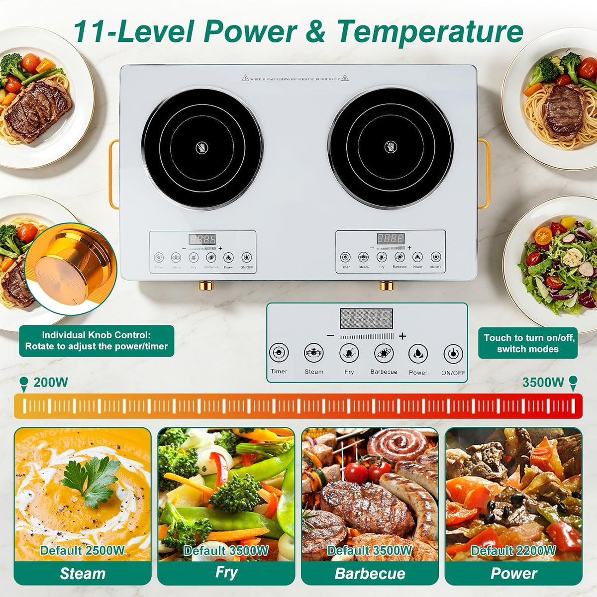 Electric Countertop Double Burner, 7000W Ceramic Cooktop with Crystal Glass Hot Plate & Stay Cool Handles, 12 Level Temperature Control, LED Display, Touch Control, Cooking Stove for Home Camping RV