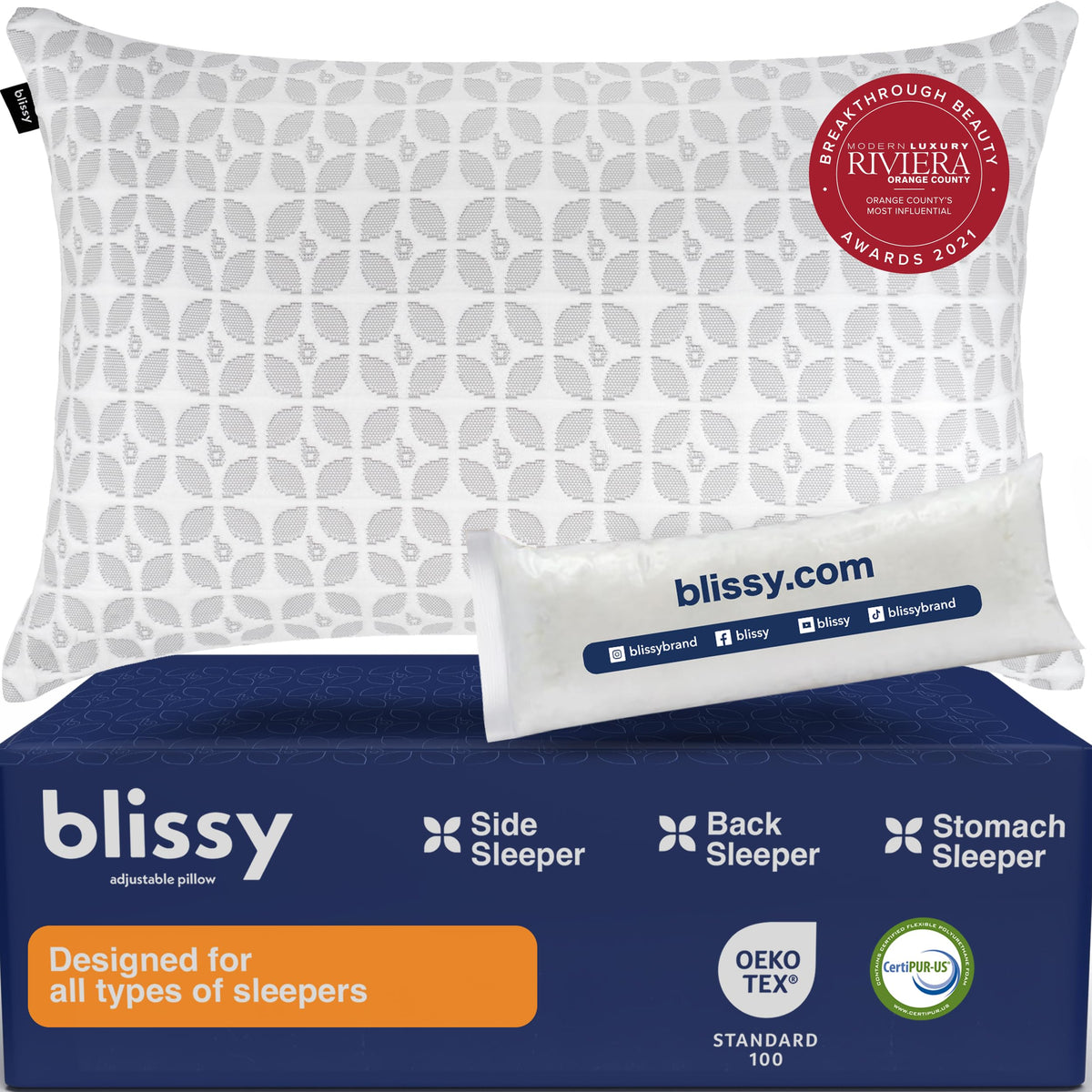 BLISSY Adjustable Memory Foam Pillow for Sleeping (Queen Size) - Cooling Gel Pillows for Side Sleepers with Shredded Foam for Customizable Loft - CertiPUR-US & Oeko-TEX