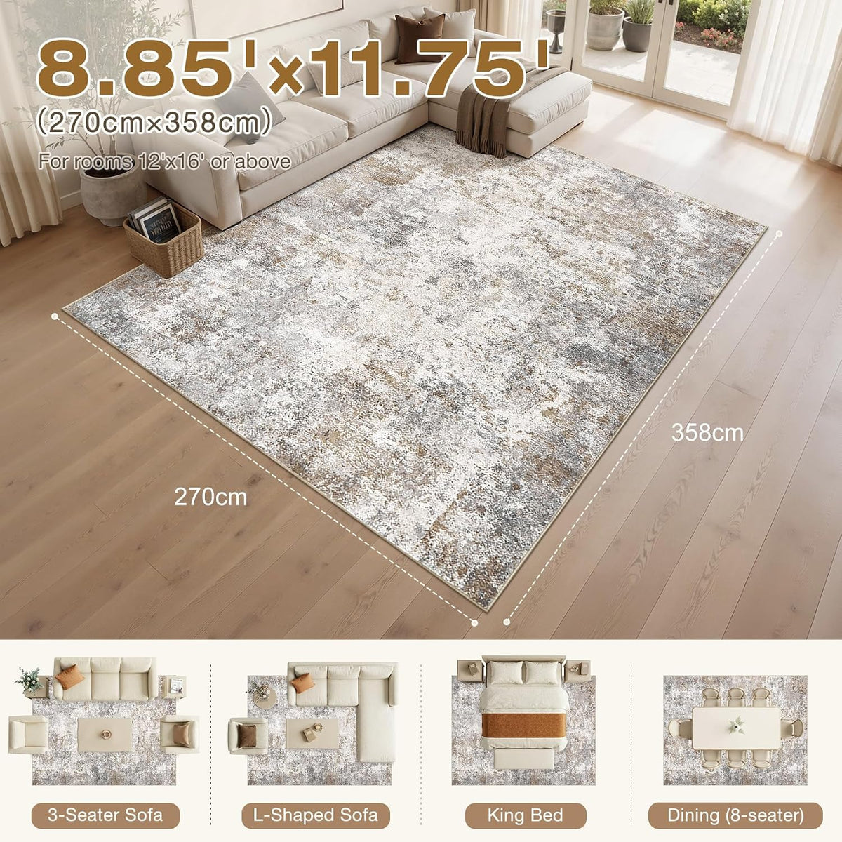 UERMEI 9x12 Area Rug Living Room Rugs - Washable Neutral Modern Abstract Soft Thin Large Rug Indoor Floor No Slip Rug Carpet for Bedroom Under Dining Table Home Office Decor - Brown Grey
