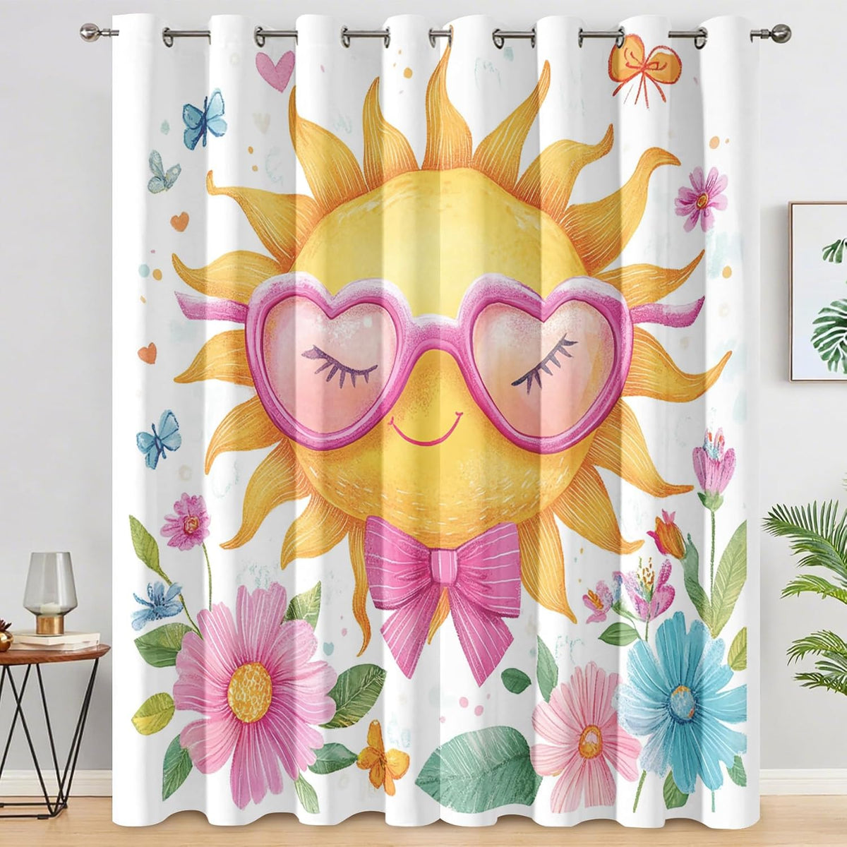Cute Sun Curtains Blackout for Living Room Bedroom, Colorful Floral Butterfly Curtains 108 Inch Length 2 Panels Set, Thermal Insulated Grommet Drapes - Girly Kawaii Home Decor Q3K-X16