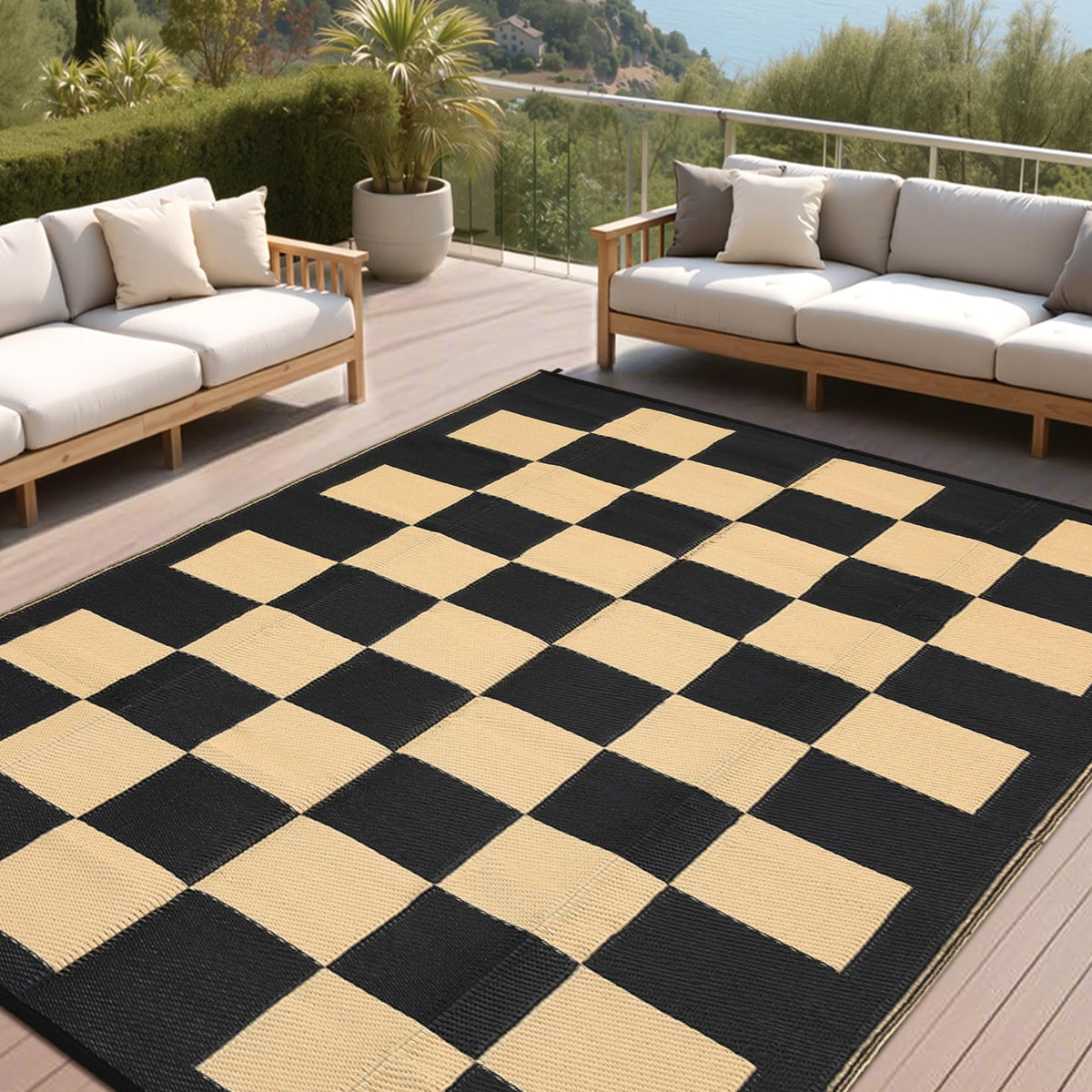 9 * 18ft Checkerboard Outdoor Rug, Reversible Woven Plastic Straw Patio Mat, Portable Floor Mat, Checkered Camping Carpet with Corner Loops for RV, Deck, Picnic, Balcony, Green & White