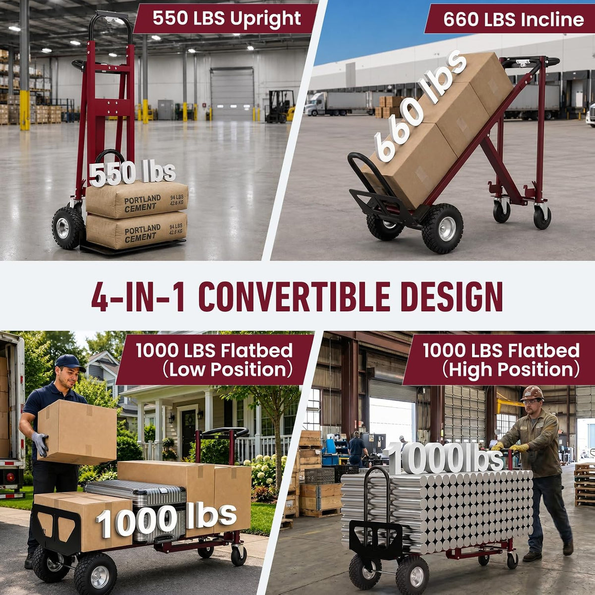 4in1 Heavy Duty Convertible Hand Truck, Alloy Steel Dolly Cart with Wheels