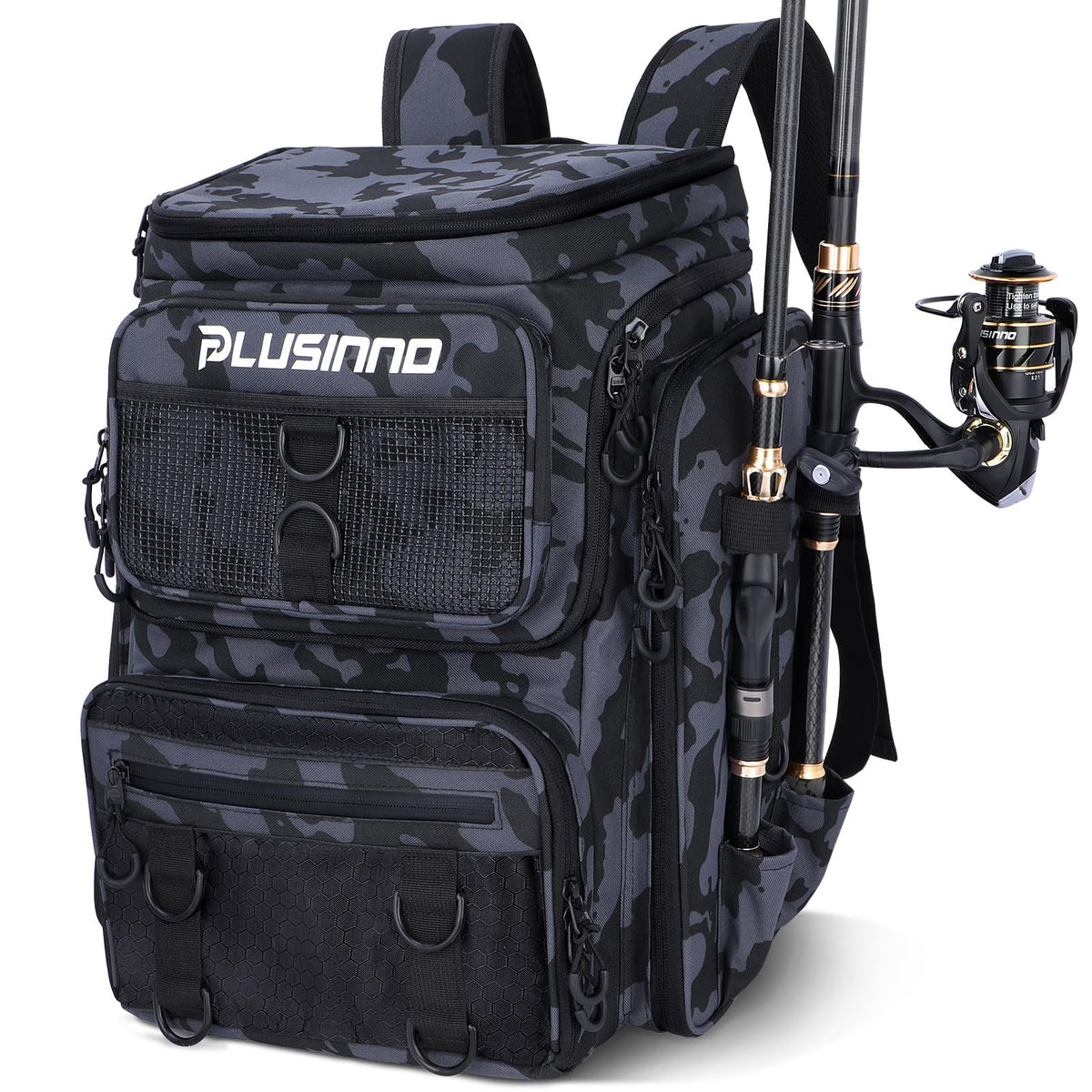 PLUSINNO Fishing Backpack with Fishing Net,42L Waterproof tackle Backpack with Tackle Boxes,Fishing Gear,Lures,Tools,Pliers & Accessories, Fishing Gifts for Men
