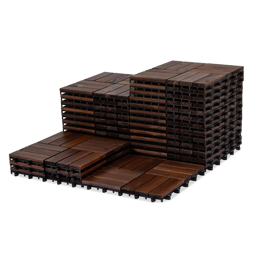 Acacia Interlocking Deck Tiles, 27 PCS Wood Flooring, 12 Slats, Walnut