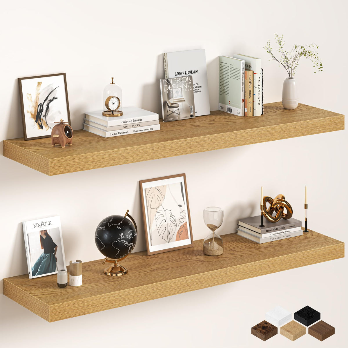 30Inch Oak Floating Shelves for Wall, 12 Inch Deep Shelves for Bedroom, Kitchen, Bathroom Wall Mounted, Rustic Wood Floating Shelf with Invisible Brackets for Books, Storage, Decor, 2 Packs