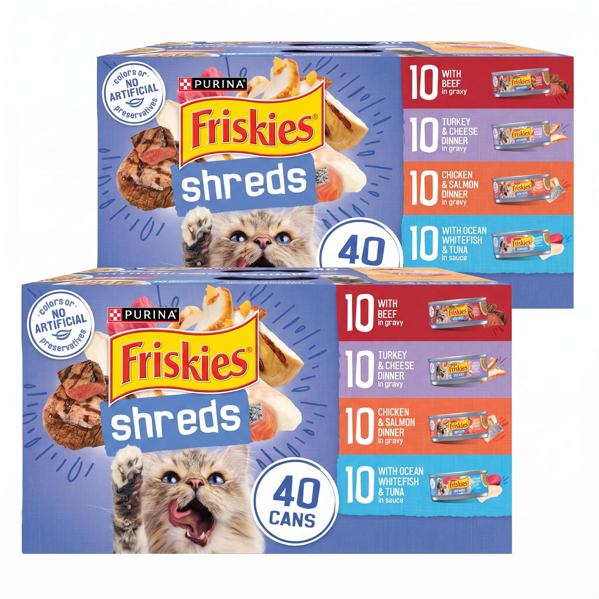 Friskies Purina Wet Cat Food Variety Pack, Shreds with Beef, Turkey & Cheese Dinner, Chicken & Salmon Dinner, and with Ocean Whitefish and Tuna - 5.5 oz. Cans (Pack of 80)