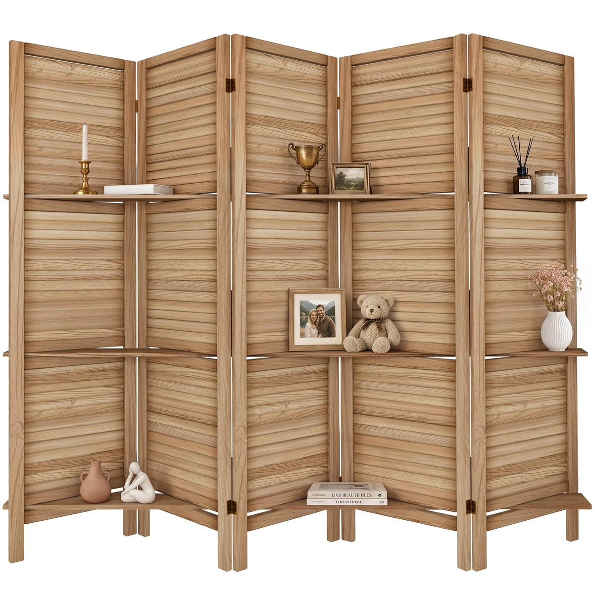 TEAKMAMA Room Divider, Room Divider with Shelves, 4 Panel,Distressed White