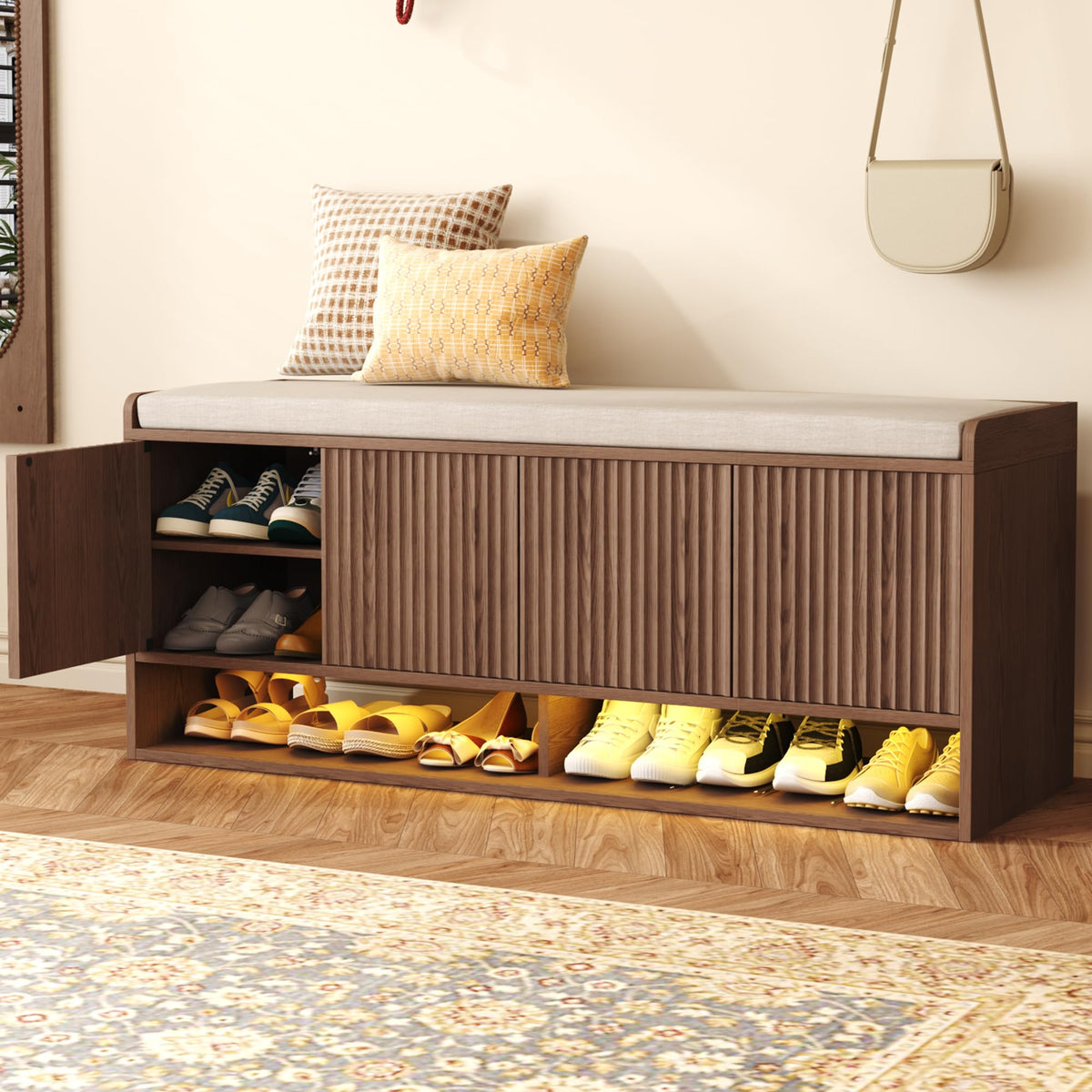 HOMEFORT 39.4" Fluted Shoe Storage Bench, Entryway Bench with Linen Seat Cushion, Shoe Cabinet Bench with Adjustable Shelf and Built-in LED Sensor Light, Bench for Bedroom End of Bed, Natural Oak