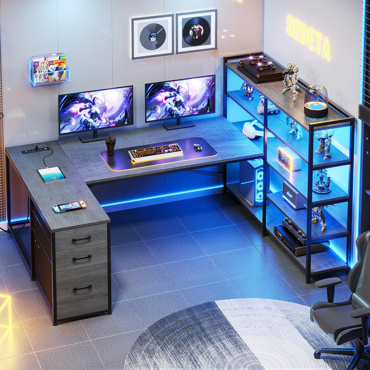 SEDETA 64.5" Reversible L Shaped Gaming Desk with Storage Drawers, Shelves