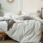 MooMee Striped Duvet Cover Set 100% Washed Cotton Linen Like Queen