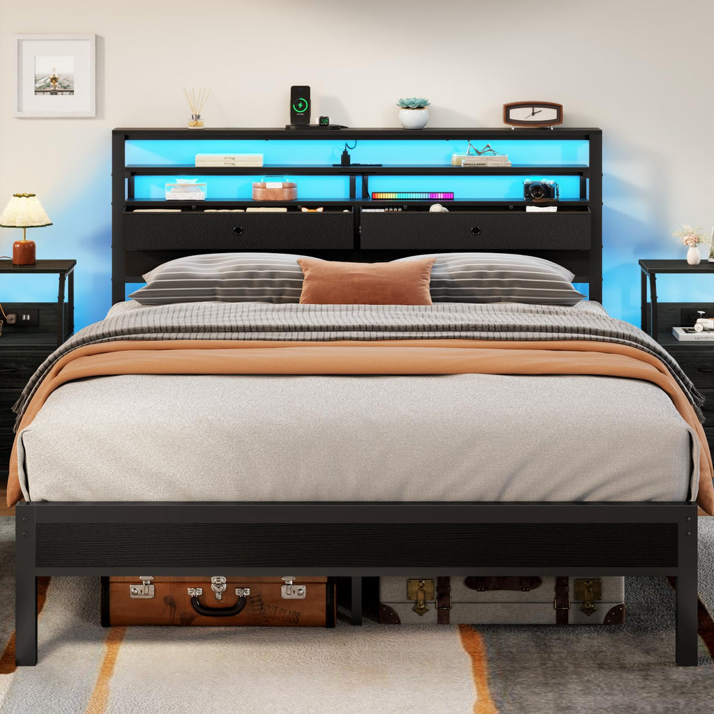 Furnulem Full Size Bed Frame with Headboard & 2 Fabric Drawers, Black Oak