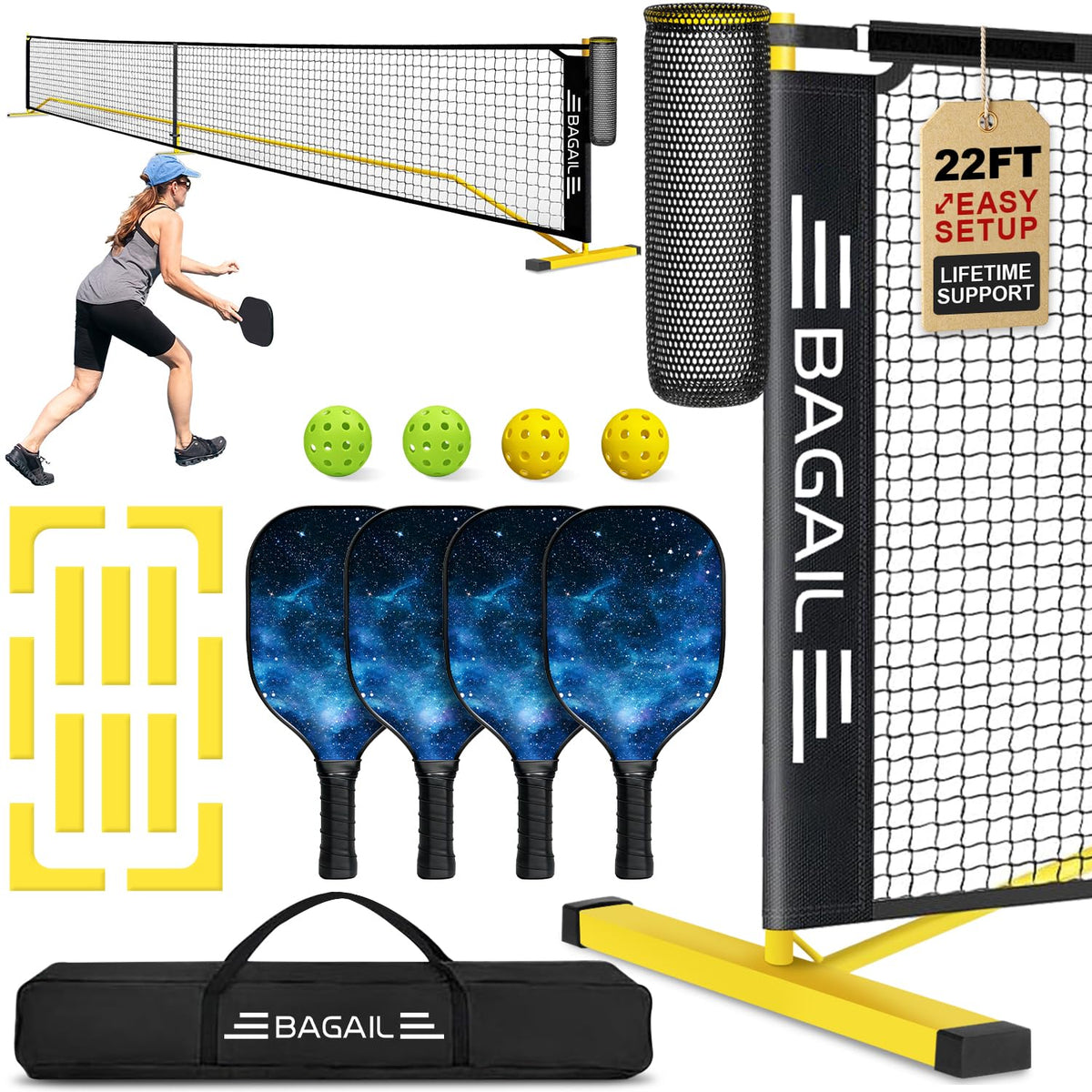 BAGAIL Portable Pickleball Net Set, 22 FT Regulation Size Pickle Ball Net with Ball Collector, 4 Balls and Carry Bag, Easy Setup for Outdoor Indoor Driveway