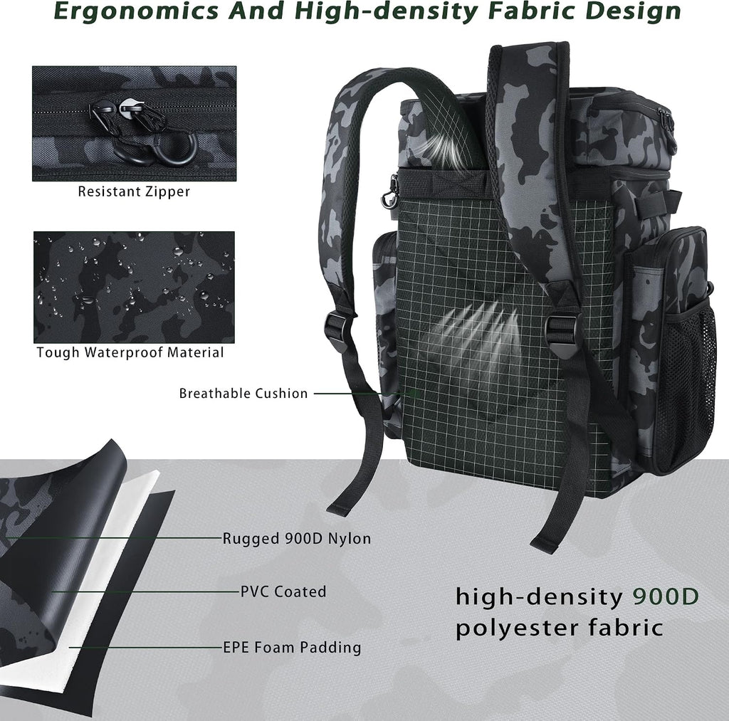 Fishing Backpack with Cooler & 4 Rod Holder, Large 45L Tackle Bag Store Fishing Gear Boxes Gifts for Men Woman-Camo Back Pack